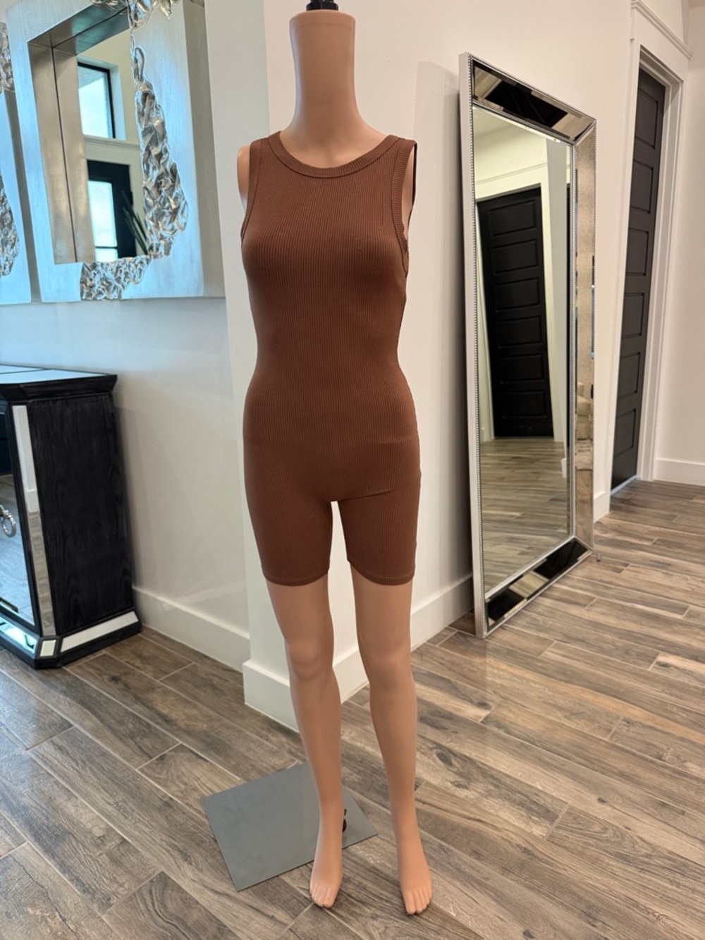 Ribbed Sleeveless Brown Romper